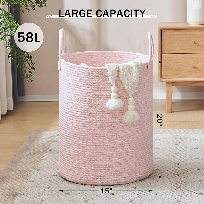 Woven Rope Laundry Hamper, 58L Tall Luandry Basket, Baby Nursery Hamper for Blanket Storage in Bedroom-Large-Pink