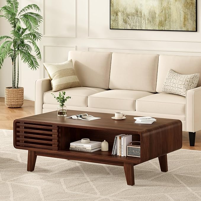 Coffee Table, Living Room Tables, Modern Table with Storage, Mid Century Farmhouse Wood Coffee Table for Living Room