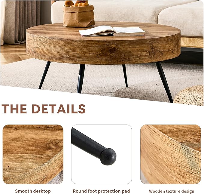 31.5'' Round Coffee Table for Living Room, Wood Texture Table Top, Black Metal Table Legs Tea Table for Dining Room Apartment Small Space (Brown)