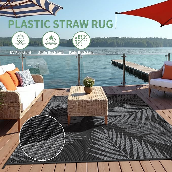 Outdoor Rug 8’x10’ Waterproof for Patio Clearance, Reversible Indoor Outdoor Plastic Straw Camping Rug Carpet, RV Mat, Large Area Rug for Deck, Backyard, Balcony, Porch, Beach, Black & Grey