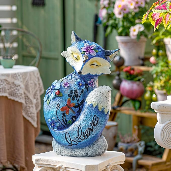 Sungmor Solar Garden Statue Fox Figurine with LED Lights, Solar Powered Resin Sculpture Yard Lawn Ornaments, Hand-Painted Outdoor Figurine Lights Decorations, Housewarming Gift