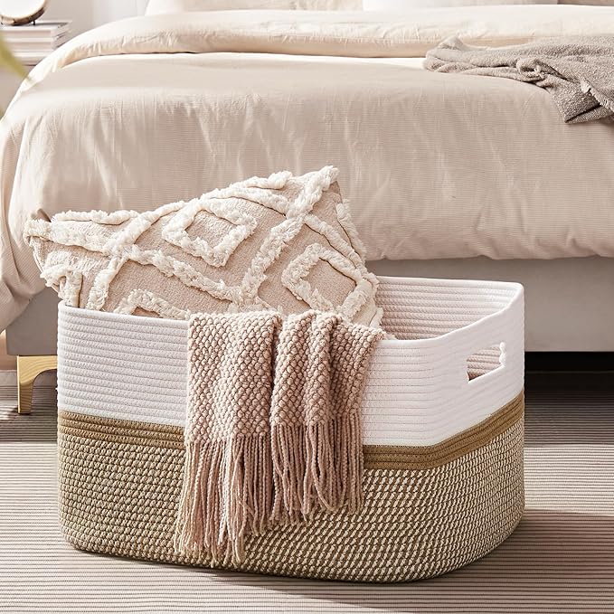 OIAHOMY Large Blanket Basket, 22”x17”x12” Rectangle Woven Baskets, Nursery Blanket Storage Living Room, Toy Storage with Handle, Large Baskets for Organizing-Yellow/White