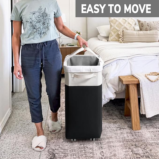 Goodpick Hamper with Wheels 75L 2-Pack, Tall Laundry Basket with Removable Wash Bags, Rolling Black Laundry Hamper for Corner Dorm, Large Collapsible Laundry Baskets