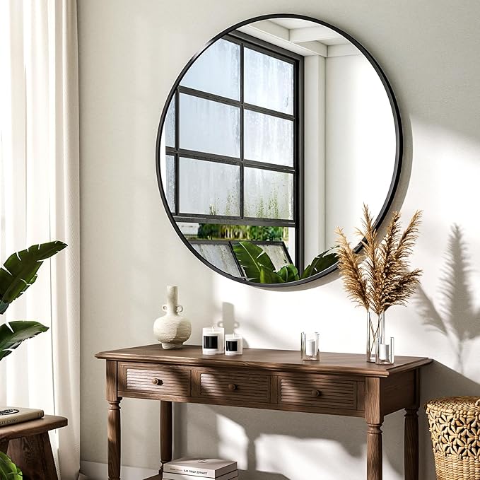 36 Inch Round Mirror - Circle Mirrors for Bathroom, Entryway and Living Room Wall Decor, Modern Hanging Vanity Mirror, Matte Black Circle Decorative Wall Mirror