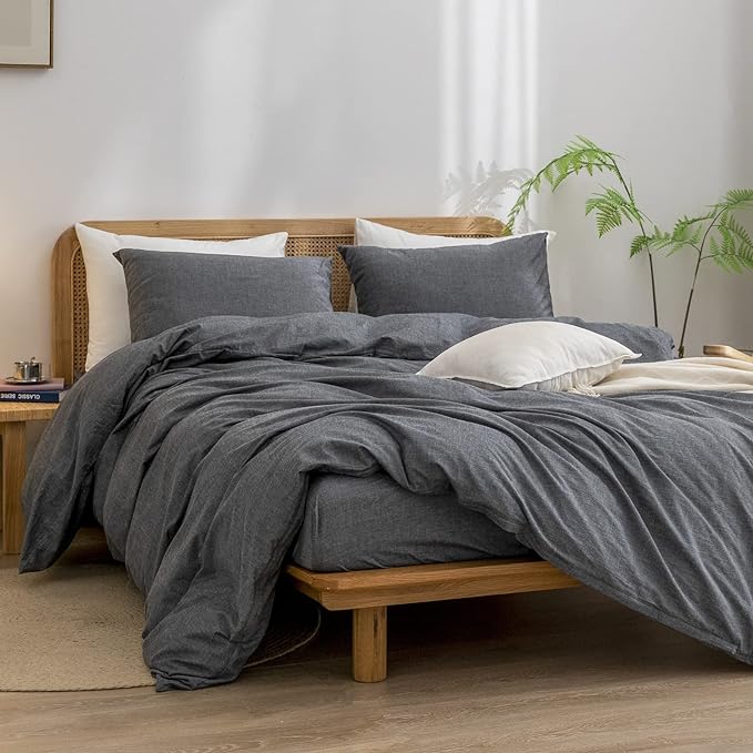 BESTOUCH Duvet Cover Set 100% Washed Cotton Linen Feel Super Soft Comfortable Chic Lightweight 3 PCs Home Bedding Set Solid Dark Black Queen