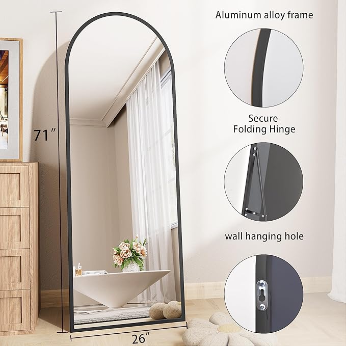 Arched Mirror Full Length,Nanoglass Standing Mirror Full Length,71"x26"espejos para dormitorio,Large Full Body Mirrors,Floor Length Mirrors(Black)