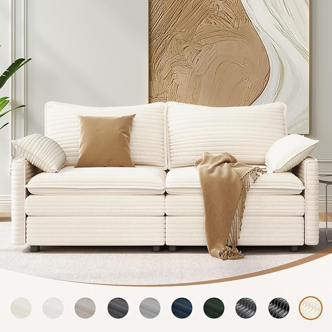 Vesgantti 74" Loveseat Sofa for Living Room, Comfy Cloud Couch Deep Seat Corduroy Modern 2 Seater Small Sofa with Armrest Pillow, Easy Assembly for Small Spaces, Beige