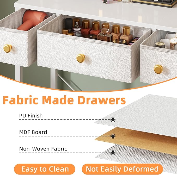 Small Makeup Vanity Desk 27.5''W with Mirror and Lights, Vanity Desk with 3 Fabric Drawers and Height-Adjustable Stand, Vanity Table for Girls Gifts, Bedroom and Small Spaces, White