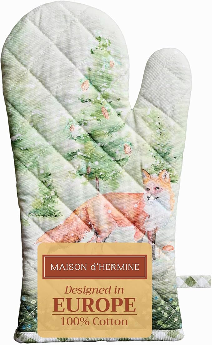 Maison d' Hermine Oven Gloves 100% Cotton Oven Mitt 7" x 13" with Loop Heat Resistant BBQ Cooking Gloves for Thanksgiving Christmas Decorations Baking Handling Hot Pans (Pack of 1, Winter Mornings)