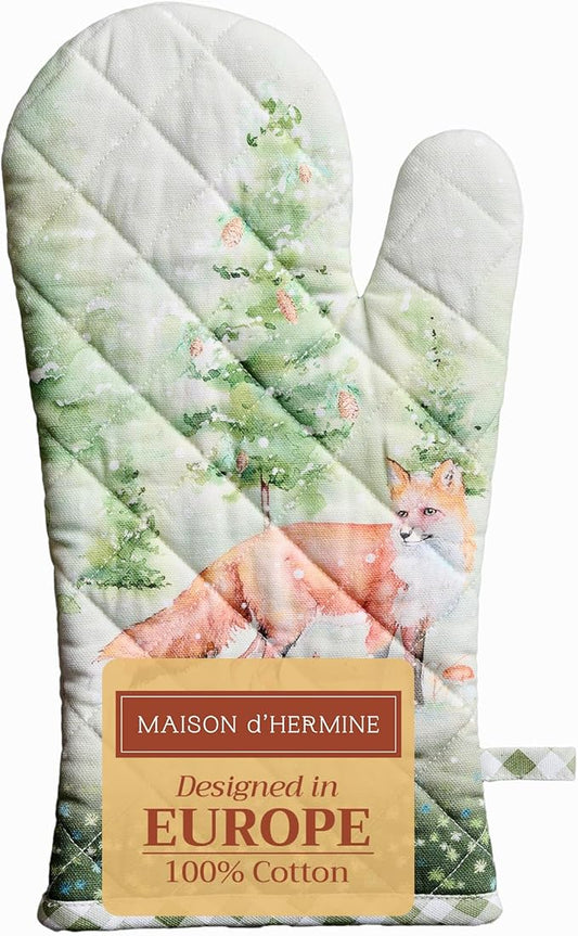 Maison d' Hermine Oven Gloves 100% Cotton Oven Mitt 7" x 13" with Loop Heat Resistant BBQ Cooking Gloves for Thanksgiving Christmas Decorations Baking Handling Hot Pans (Pack of 1, Winter Mornings)