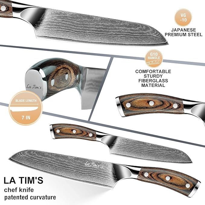 Latim's Professional Santoku Chef Knife 7 inch，Damascus Kitchen Knives Made of Japanese VG-10 Stainless Steel with Unique Pattern，Ultra Sharp Blade and Ergonomic Handle