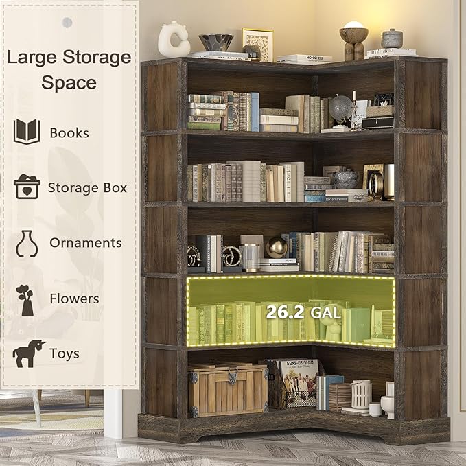 TVU Wood Corner Book Shelf, 5 Tier 65 Inch Tall Bookshelf with Storage, Floor Standing Display Book Shelf for Living Room, Kitchen, Home Office, Rustic Brown