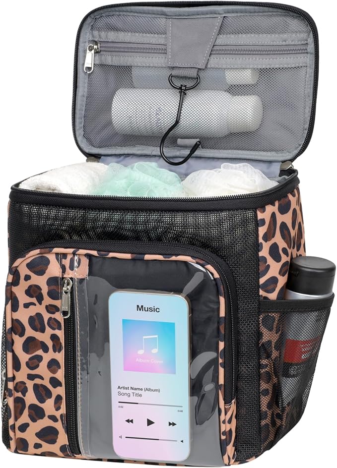 F-color Hanging Shower Caddy Portable - College Dorm Essentials for Guys with Hooks, Quick-Dry Shower Bag for Dorm Travel Gym Camping Essentials, Water-Resistant with Multiple Pockets, Leopard