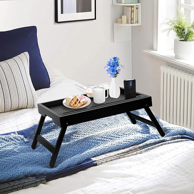 Bed Tray Table with Foldable Legs, Breakfast Food Trays for Eating on Couch with Media Slot for Bed, Eating, TV Tray, Kitchen Serving Tray(Black, Medium)