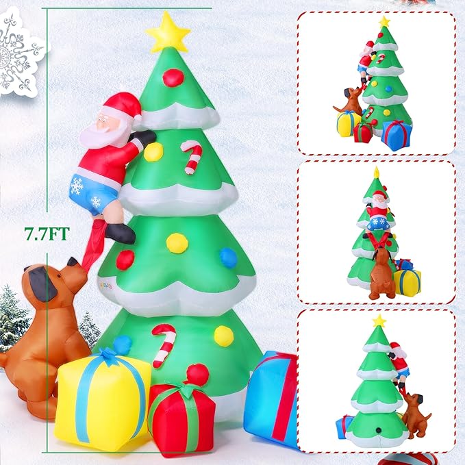 7.5FT Christmas Inflatable Outdoor Decoration Christmas Tree Christmas Dog Santa with 3 Gift Boxes Build-in Colorful LED Lights, Blow up Christmas Tree Decorations for Holiday Xmas Yard Patio Lawn