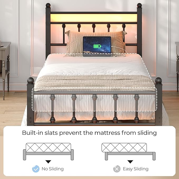 Full Bed Frame with Smart LED Lights, Storage Headboard and USB Charging Station,Heavy Duty Wooden Slats, No Box Spring Needed, Noise Free, Easy Assembly (Retro Black, Twin)