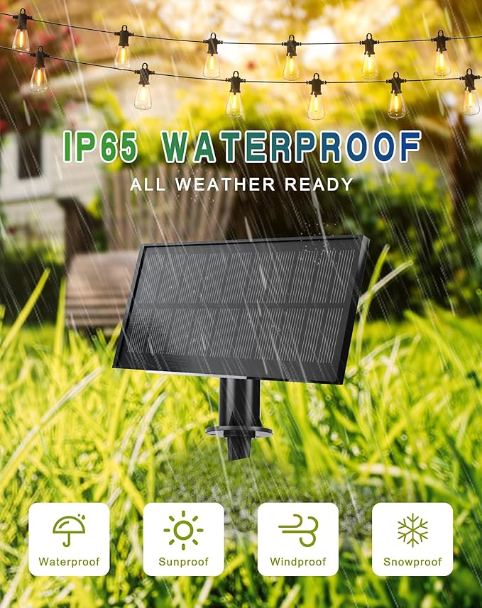 Solar String Lights Outdoor Waterproof 100FT with USB Port and 52 Shatterproof ST38 Bulbs(2 Spare), LED Solar Powered Patio Lights for Outside, Porch, Backyard, Gazebo, Garden(Warm White)