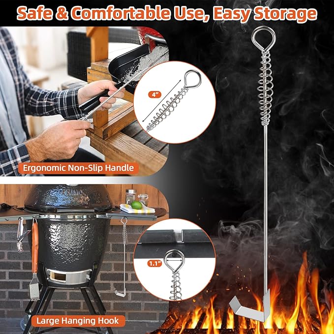BBQ Ash Tool Poker Rake,18.6 Inch Stainless Steel Charcoal and Grill Cleaning Ash Tools for Fireplace, Metal BBQ Cleaner Poker,Heavy Duty Barbecue Grilling Utensils Tool for Charcoal Grills