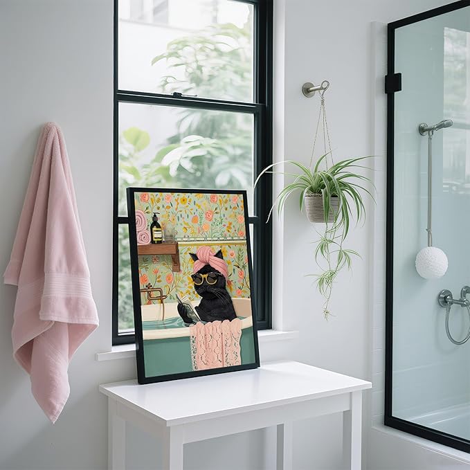 Framed Vintage Cat Canvas Wall Art, Funny Pink Animal Reading Books Painting Picture Print, Cute Kitten Lovers Aesthetic Wall Decor for Nursery Girls Room Bedroom Kids Room 16''L x 12''W