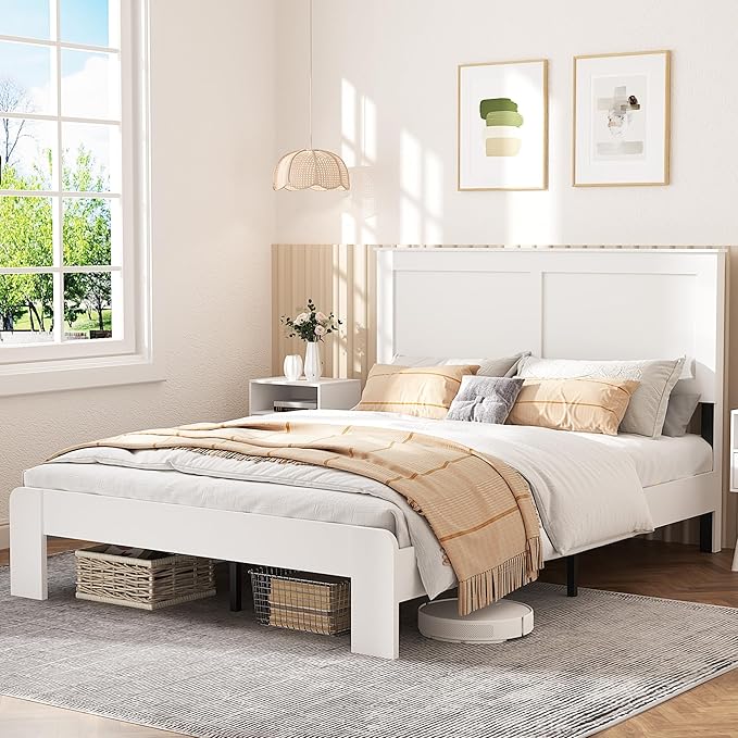 Queen Size Bed Frame, Vintage Platform Bed Frame with Wood Headboard and Footboard, 12 Wood Slats Support, No Box Spring Needed (White)