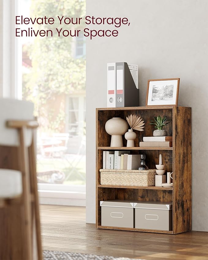 VASAGLE CUSTOS Collection - Bookshelf, 3-Tier Bookcase, Book Shelf, Open Storage Shelf, 9.4 x 23.6 x 32 Inches, for Living Room, Home Office, Dinning Room, Rustic Brown ULBC163X01