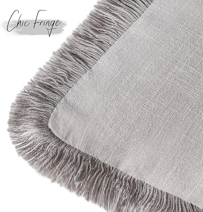 Foindtower Set of 2 Decorative Linen Fringe Throw Pillow Covers Cozy Boho Farmhouse Cushion Cover with Tassels Accent Pillowcase for Couch Sofa Bed Living Room Home Decor,26×26 Inch,Light Rustic Gray
