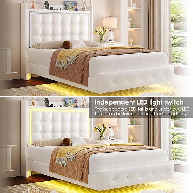 Keyluv Upholstered Twin Floating Bed Frame with LED Lights and Charging Station, Pu Leather Platform Bed with Button Tufted Storage Headboard, Type-C & USB Charging Ports, No Box Spring Needed, White