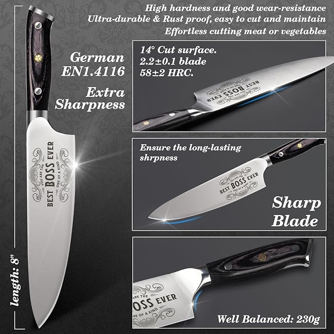 Gifts for Boss Men Christmas, 8" Pro German 1.4116 Stainless Steel Chef Knife, Kitchen Knife Gift for Boss Day Birthday, Boss Gifts for Men Women, Christmas Stocking Stuffers