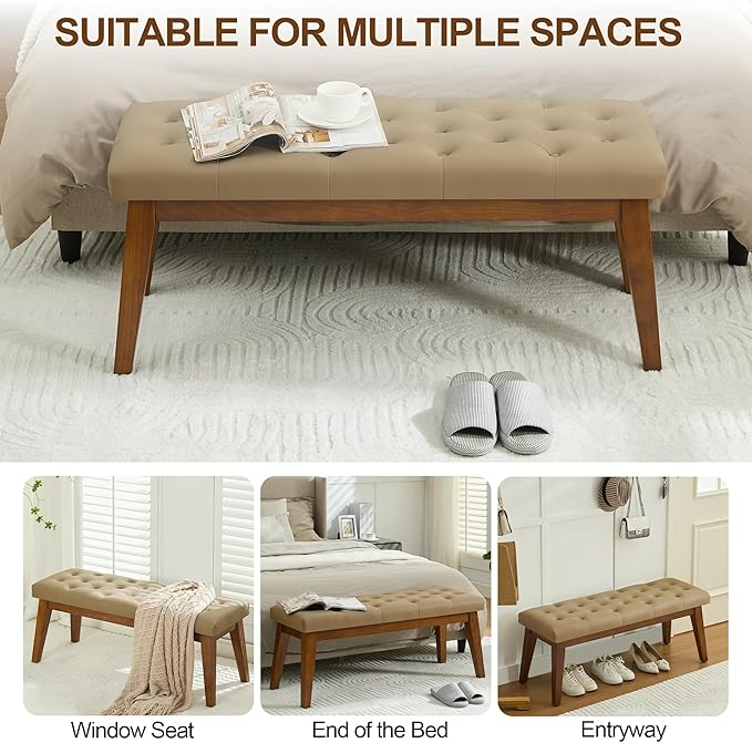 43.5'' Faux Leather Bedroom Bench, Upholstered End of Bed Bench with Tufted Button, Padded Vintage Dining Bench, Entryway Bench with Solid Wood Legs, Kitchen, Living Room, Hallway, Light Brown Tufted