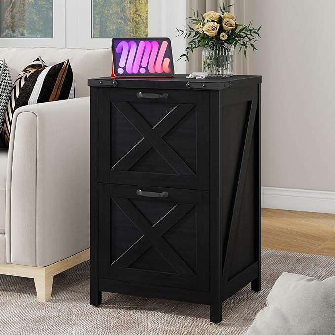 Vertical File Cabinet with 2 Drawers, Wooden Farmhouse Filing Cabinet for Letter/A4 Size Hanging Files, Under Desk Printer Stand with Storage for Home Office, Black