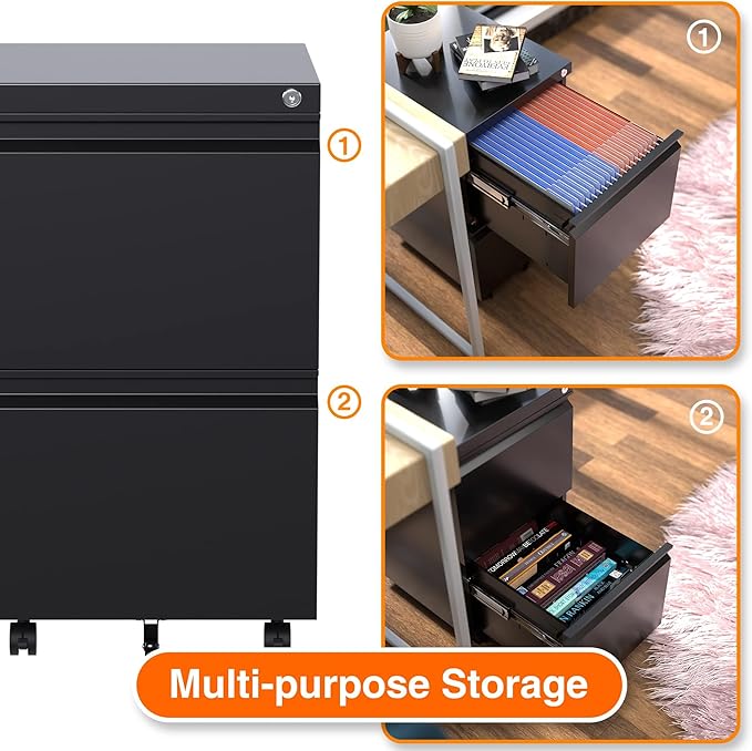 Aobabo Metal 2 Drawer Mobile File Cabinet with Lock, Under Desk Office Steel Filing Cabinet, 25.6''H Legal/Letter Size, Black, Fully Assembled Except Wheels