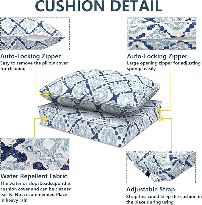 Outdoor Deep Seat Cushions Set 24 x 24 Inch for Patio Furniture,Water Resistant Chair Cushions Replacement Includes Seat Cushion & Back Pillow for Couch Sofa, Wicker Chair - Boho Geometry Blue