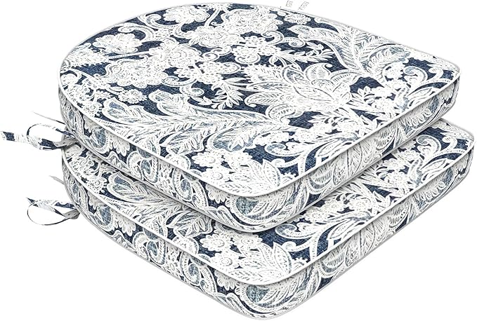 Set of 2 Outdoor Chair Cushions 19"x19"x2",Water Repellent Dining Seat Cushion with Ties and Removable Covers, Chair Cushions for Indoor and Patio Furniture, Damask Lapis