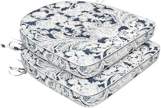 Set of 2 Outdoor Chair Cushions 19"x19"x2",Water Repellent Dining Seat Cushion with Ties and Removable Covers, Chair Cushions for Indoor and Patio Furniture, Damask Lapis