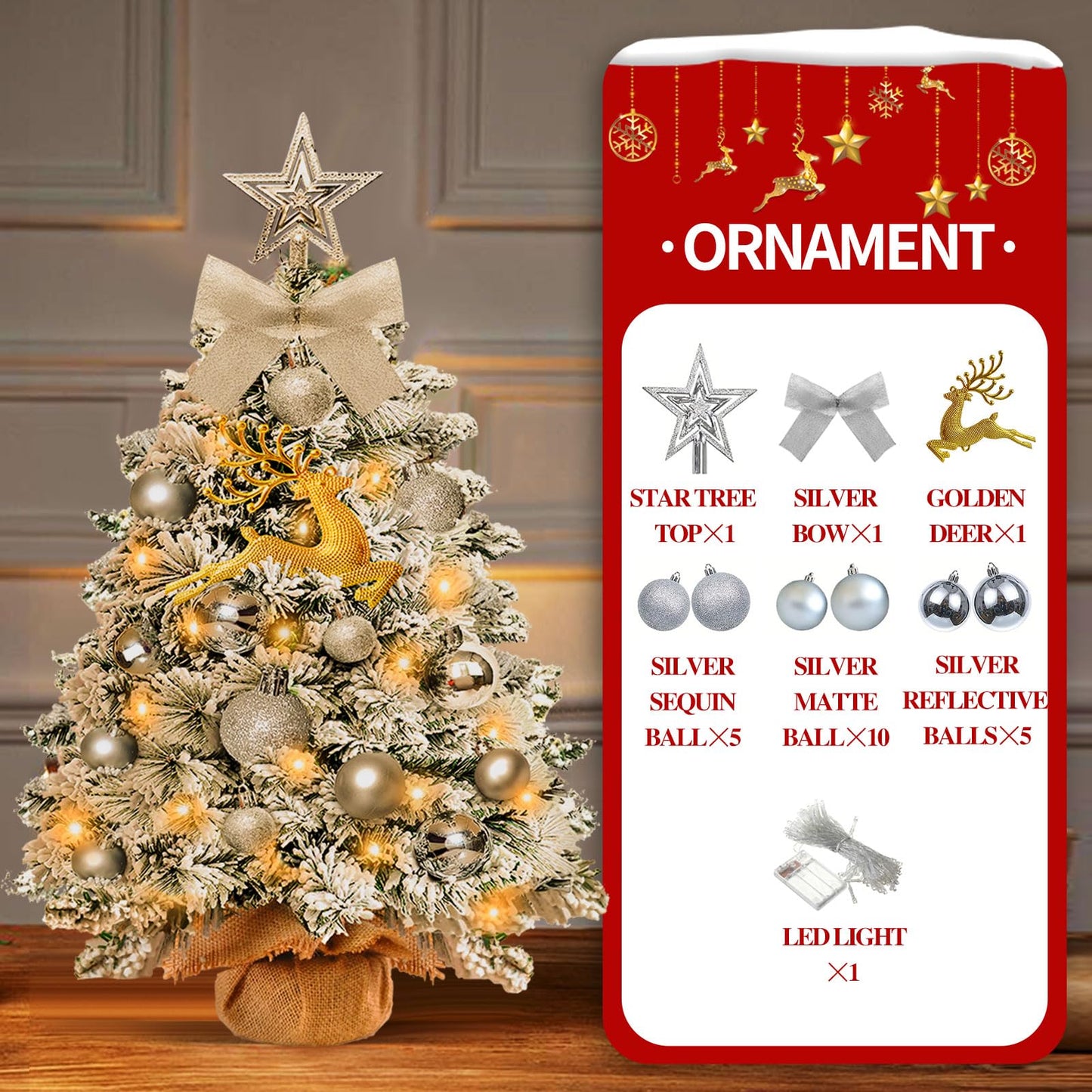 Mini Christmas Tree-with Lights,2ft Small Flocked Christmas Tree with 24pcs DIY Decorations,Small Flocked with LED Lights for Holiday Indoor DIY Decor