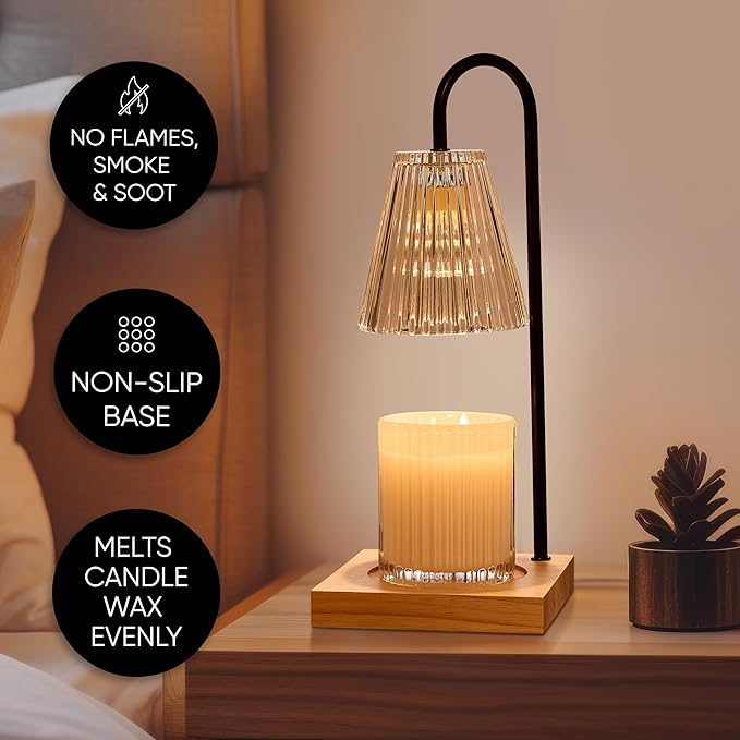 Sheffield Home Glass Candle Warmer Lamp – Elegant Candle Warmer for Long-Lasting Fragrance, Sleek Design, 14x6, Black Ribbed Glass