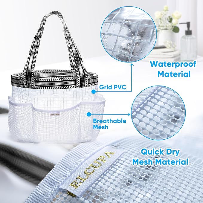 Mesh Shower Caddy Portable for College Dorm Room Essentials with Waterproof Phone Pouch, Shower Bag with Reinforced Bottom for Beach,Camping, Swimming,Gym, Quick Dry Toiletry Bag with 6 Pockets