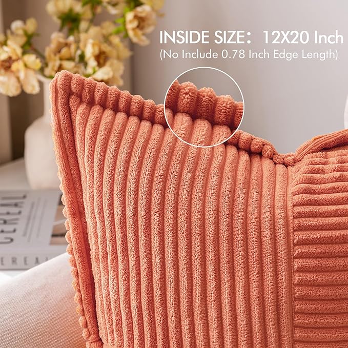 MIULEE Decorative Lumbar Throw Pillow Covers for Couch Bed Livingroom 12x20 Inch Set of 2 Coral Red Boho Accent Throw Pllows Broadside Striped Patchwork Soft Corduroy Summer Pillowcases