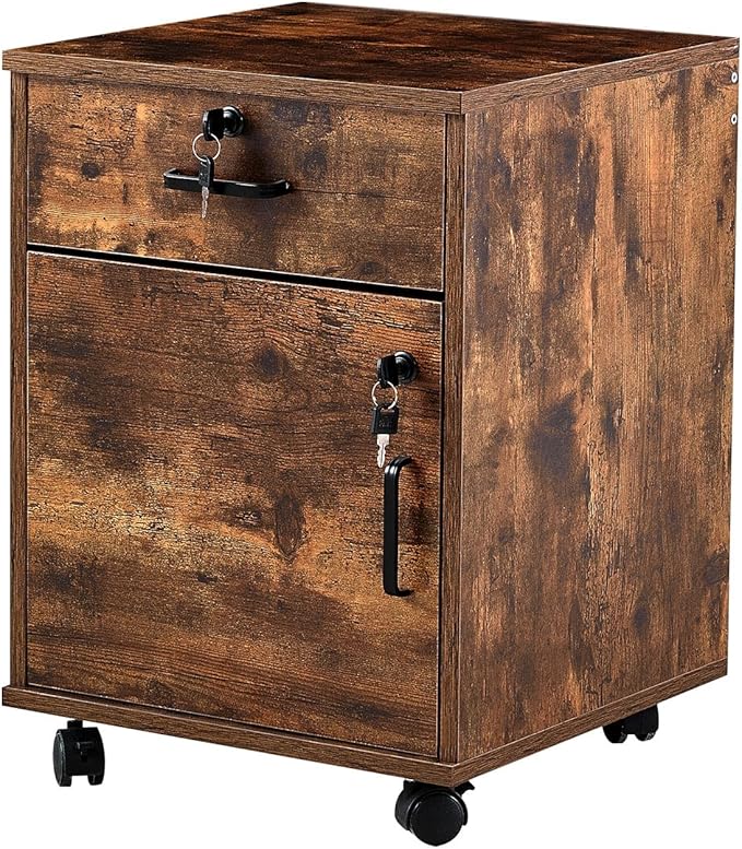 Mobile File Cabinet with Lockable Drawer & Door, Under Desk Storage Cabinet with 360°Swivel Wheels, Wooden Stationery Storage Cabinet for Legal/Letter/ A4 Documents (Brown)
