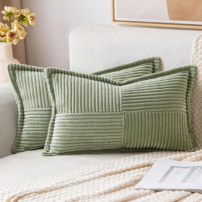 MIULEE Decorative Lumbar Throw Pillow Covers for Couch Bed Livingroom 12x20 Inch Set of 2 Sage Green Boho Accent Throw Pllows Broadside Striped Patchwork Soft Corduroy Pillowcases