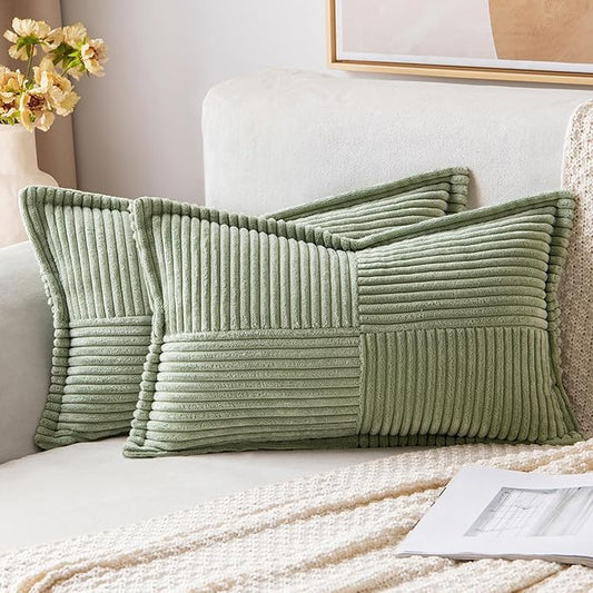 MIULEE Decorative Lumbar Throw Pillow Covers for Couch Bed Livingroom 12x20 Inch Set of 2 Sage Green Boho Accent Throw Pllows Broadside Striped Patchwork Soft Corduroy Pillowcases