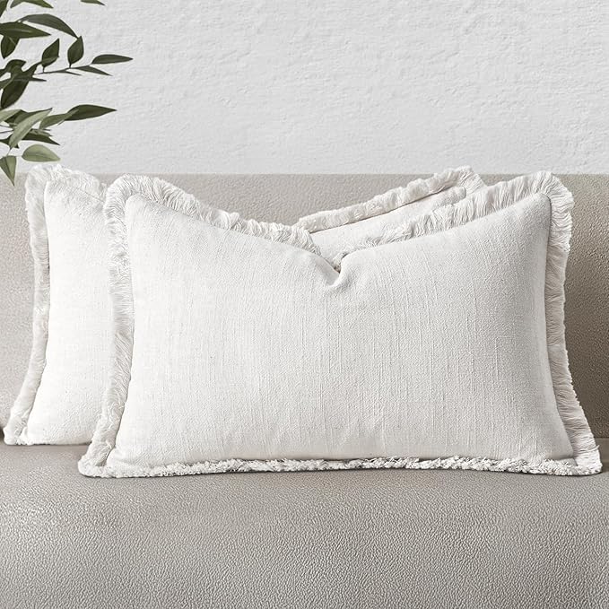 MIULEE Christmas Decorative Lumbar Throw Pillow Covers Neutral Linen Fringe Throw Pillows Set of 2 White Boho Farmhouse Cushion Covers with Tassels for Couch Sofa Bed Living Room Decor 12x20 Inch