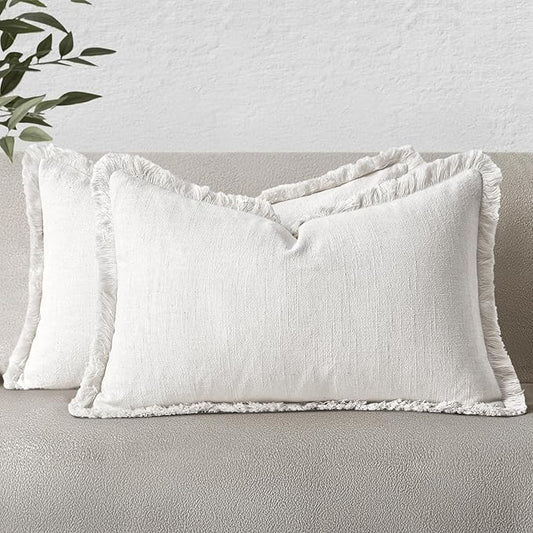 MIULEE Christmas Decorative Lumbar Throw Pillow Covers Neutral Linen Fringe Throw Pillows Set of 2 White Boho Farmhouse Cushion Covers with Tassels for Couch Sofa Bed Living Room Decor 12x20 Inch