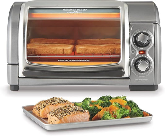 Hamilton Beach Easy Reach 4-Slice Countertop Toaster Oven With Roll-Top Door, 1200 Watts, Fits 9” Pizza, 3 Cooking Functions for Bake, Broil and Toast, Silver (31344DA)