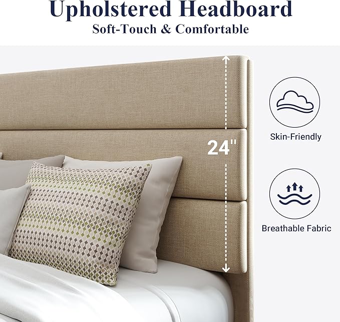 Allewie Full Size Platform Bed Frame with Fabric Upholstered Headboard and Wooden Slats Support, Fully Upholstered Mattress Foundation/No Box Spring Needed/Easy Assembly, Beige