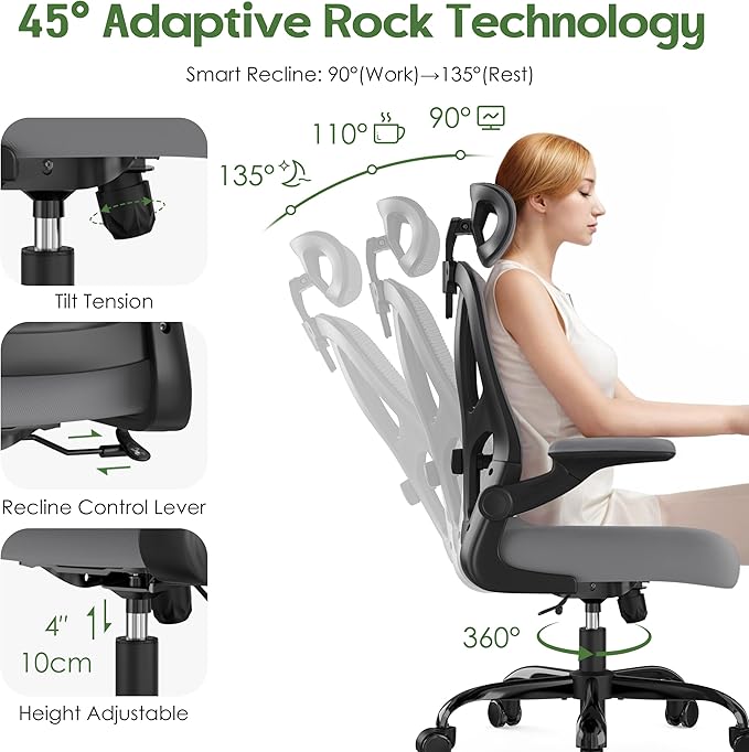 Office Chair Ergonomic Desk Chair - Mesh High Back Office Chair with Headrests Wheels Lumbar Support Home Desk Office Chairs Flip up Armrest Executive Rolling Swivel Task Computer Chair Gray