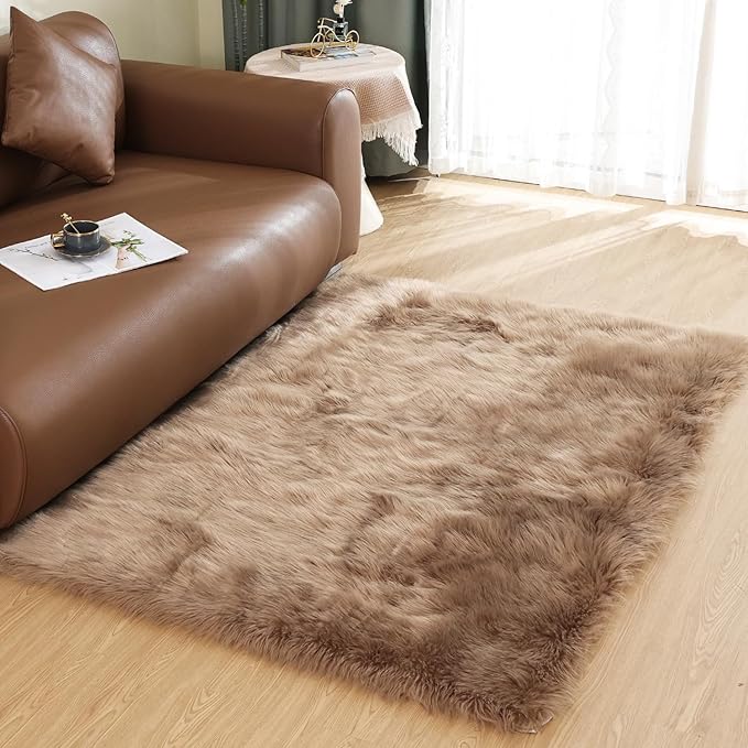 Latepis Washable Faux Fur 3x5 Area Rug Camel Beige Fluffy Shag Furry Sheepskin Rugs for Living Room Bedroom Dorm Plush Room Carpet Accent Rug Rectangle