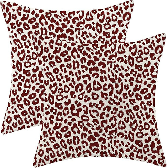 Leopard Print Pillow Covers 18x18 Pack of 2 Burgundy Red Animal Pattern Cheetah Decorative Throw Pillow Cover Outdoor Decor Boho Abstract Modern Pillowcase Farmhouse Cushion Case for Home Sofa