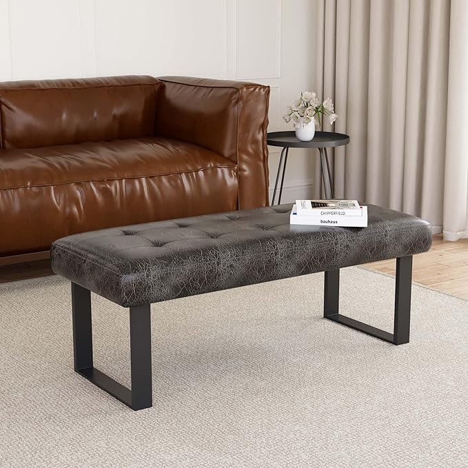 jiexi 45.3'' Upholstered Quality Cloth Fabrics Bench with Metal Leg, Button Tufted Design Footstool, Waiting Bedroom Room Reception Bench, Office Chair, for Entryway and Kitchen