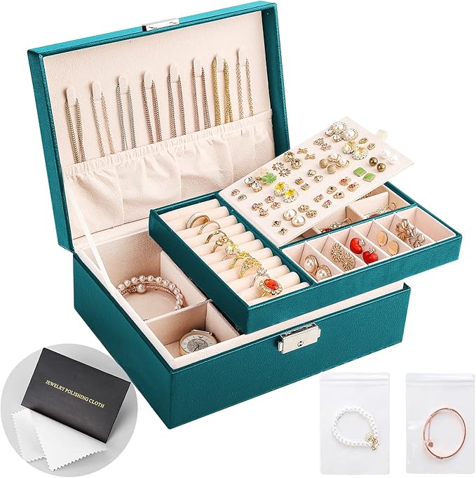 Jewelry Organizer Box Leather Jewelry Box for Girls Womens Earring Organizer with Lock Double Layers Jewelry Case Removable Tray for Necklace Earring Ring with Polishing Cloth and Jewelry Bags